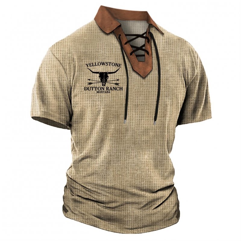 Men's Vintage Waffle Yellowstone Lace-Up Lapel T-Shirt