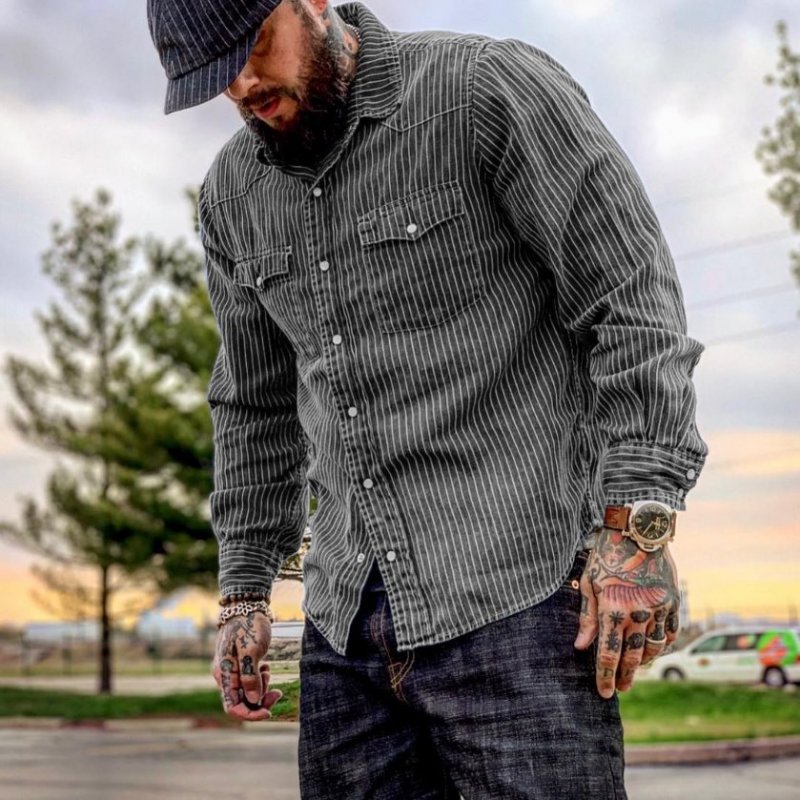 Heavyweight Retro Railway Striped Long-sleeved Shirt