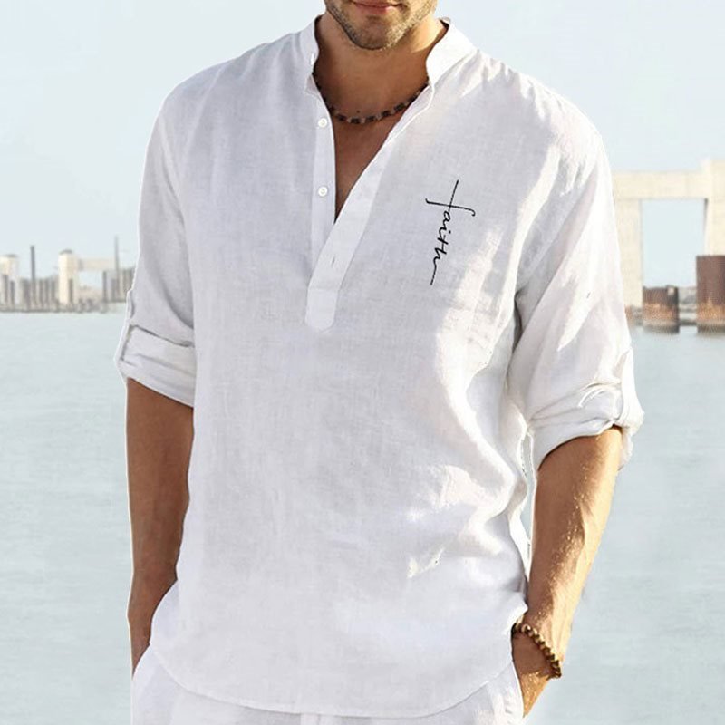 Men's Casual Cotton Linen Solid Color Long-sleeved Loose Collar Blouse