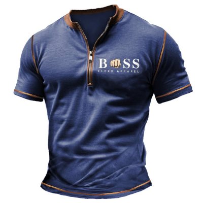 Men's Vintage Boss Color Block Zipper Henley Collar T-Shirt