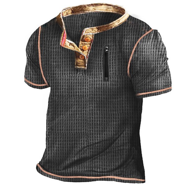 Waffle Men's Outdoor Zipper Pocket Tactical Henley Short Sleeve T-Shirt
