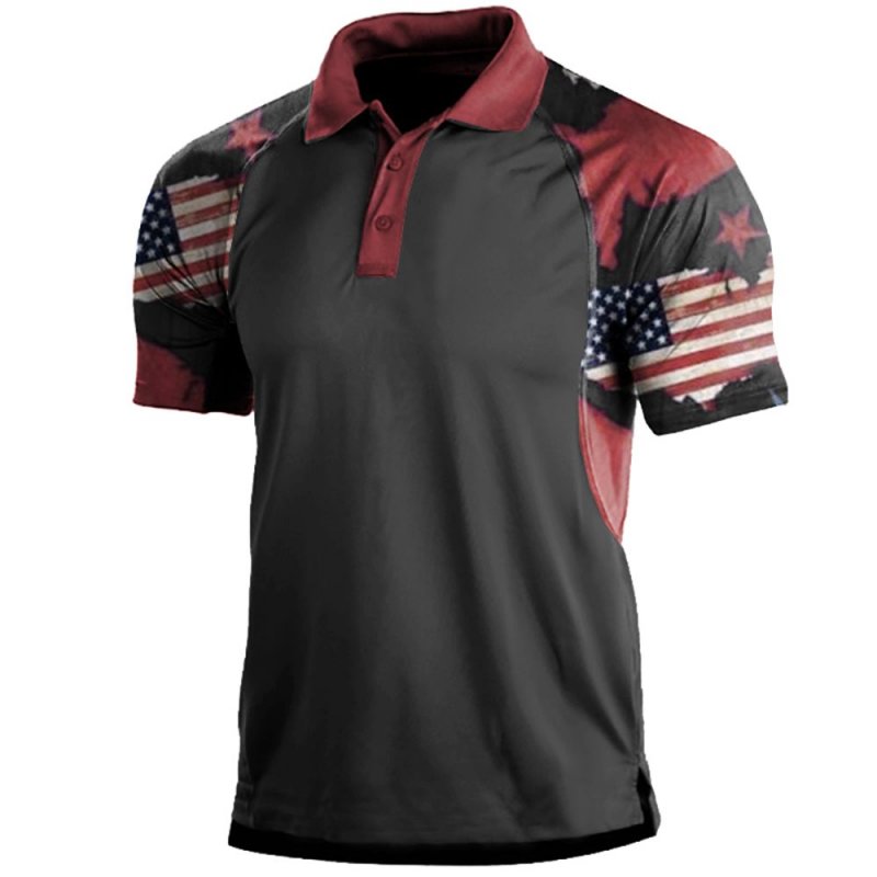 Men's Vintage American Flag Print Polo Neck T-Shirt