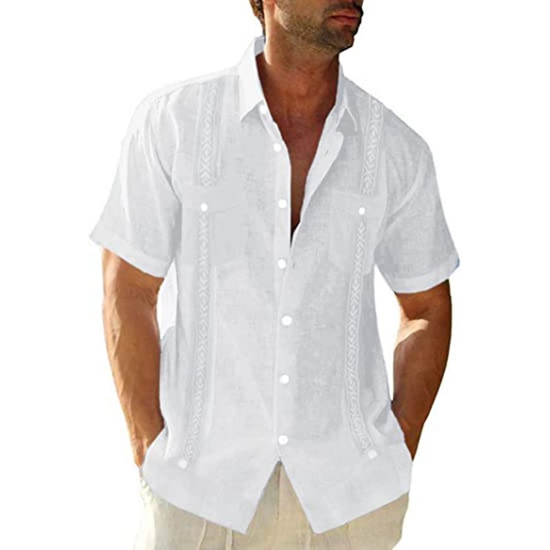 Men's Linen Shirt Cuban Shirt Ethnic Print Pocket Vacation Button Clothing Fashionable Casual Breathable Comfortable