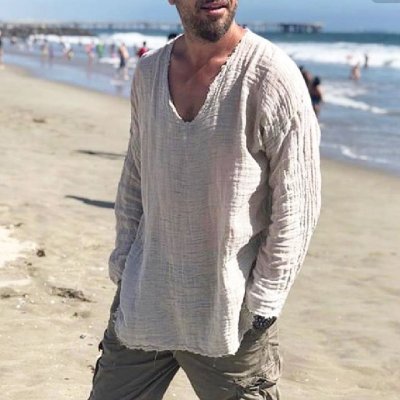 Men's Linen Holiday Plain Round Neck Long Sleeve Shirt