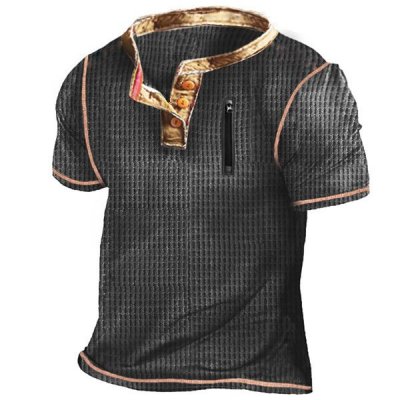 Waffle Men's Outdoor Zipper Pocket Tactical Henley Short Sleeve T-Shirt