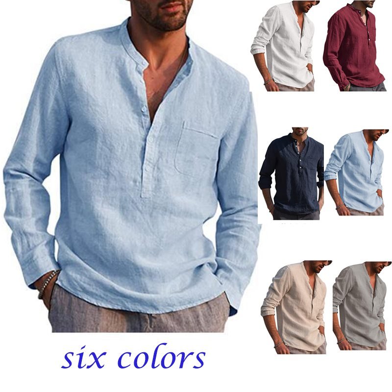 Men's Shirt Linen Shirt Maroon Shirt Solid Color V Neck White Black Gray Wine Army Green Long Sleeve Daily Vacation Tee
