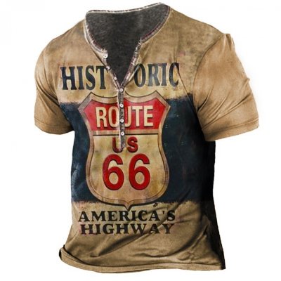 Men's Outdoor Route 66 America Highway Print Henley T-Shirt