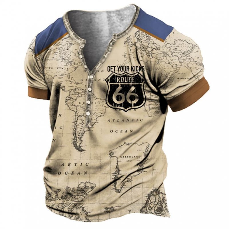 Plus Size Men's Vintage Nautical Map Route 66 Henley T-Shirt