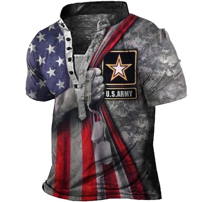 US Army Print Men's Vintage Henley Collar T-Shirt