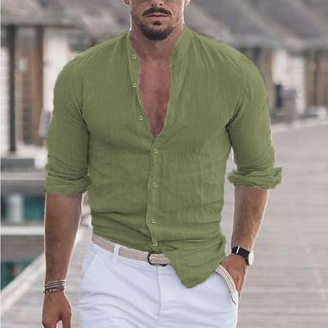 Men's Linen Solid Color Casual Stand Collar Long Sleeve Shirt