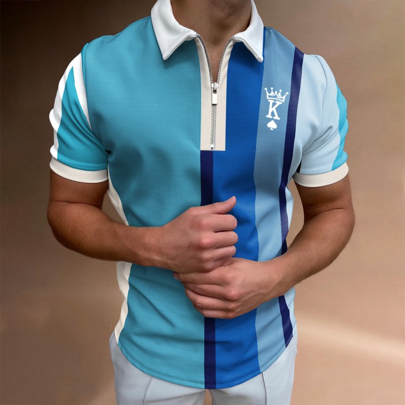 Men's Casual King Stripe Pattern Print Short Sleeve Zipper Polo Shirt