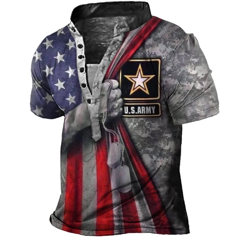 US Army Print Men's Vintage Henley Collar T-Shirt
