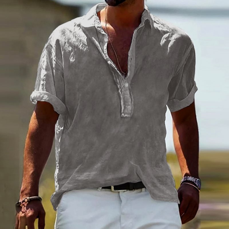 Men's Casual Solid Color Cotton Linen Half Open Collar Shirt
