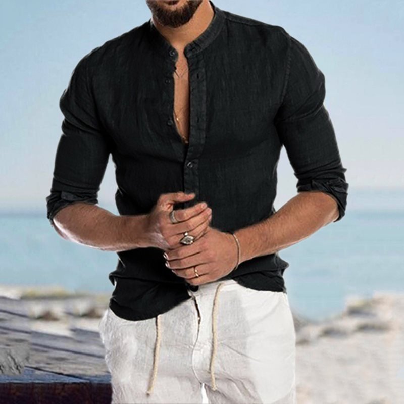 Men's Casual Linen Shirt Band Collar Long Sleeve Button Down Shirt