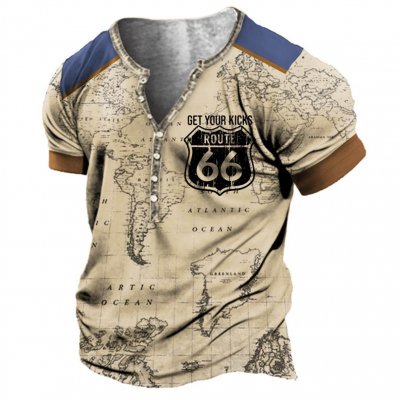 Plus Size Men's Vintage Nautical Map Route 66 Henley T-Shirt