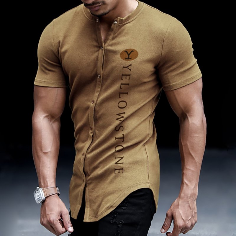 Men's Western Yellowstone Slim Fit Short Sleeve Shirt Casual Fashion Short Sleeve Collarless Cardigan