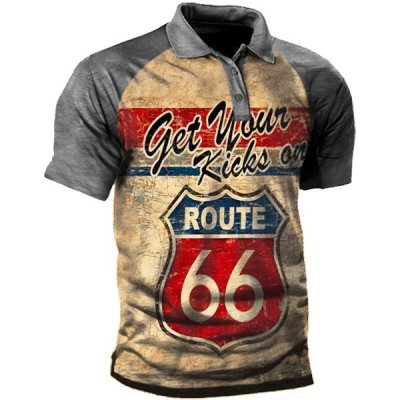 Retro Route 66 Men's Outdoor Polo Neck Short Sleeve T-Shirt