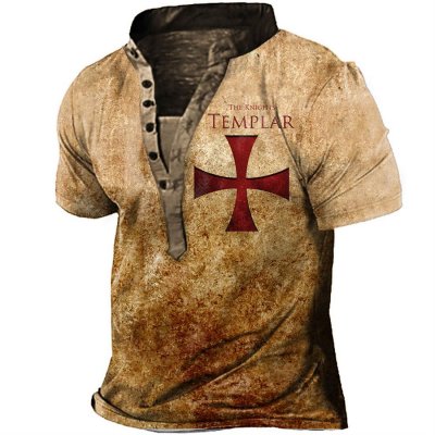 Men's Vintage Knights Templar Cross Print Henley T-Shirt