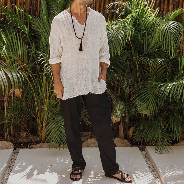 Men's Linen V-neck Long Sleeve Shirt
