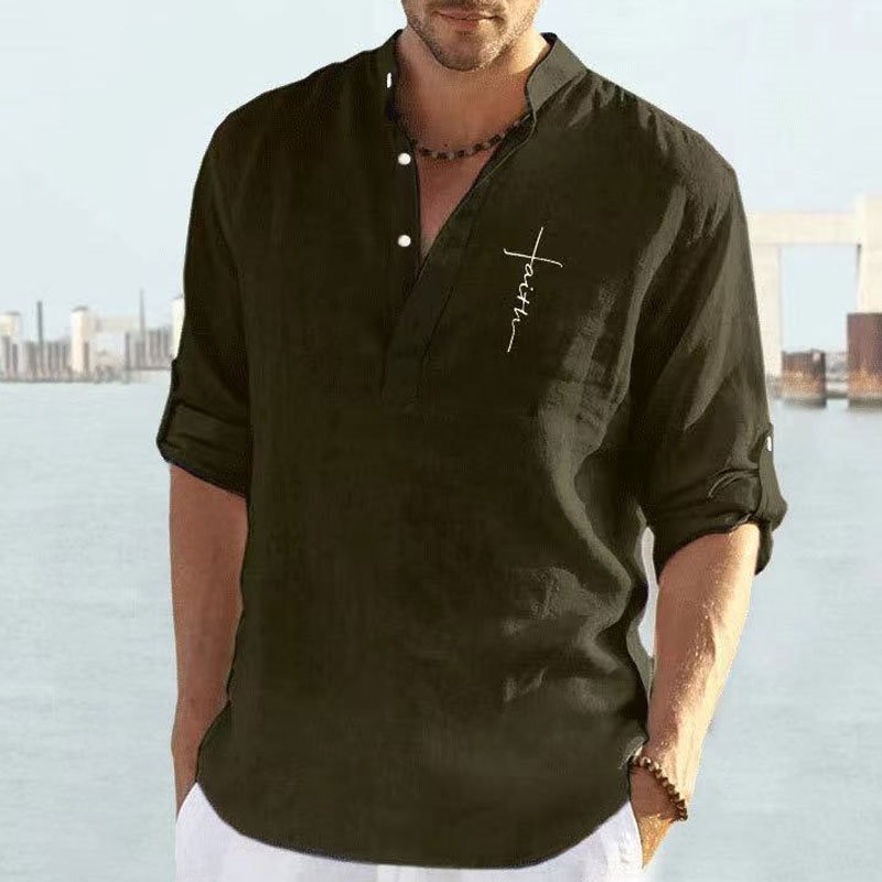 Men's Casual Cotton Linen Solid Color Long-sleeved Loose Collar Blouse