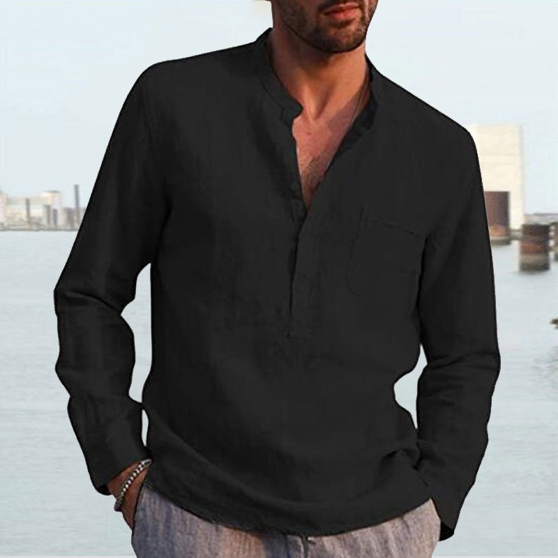 Men's Shirt Linen Shirt Maroon Shirt Solid Color V Neck White Black Gray Wine Army Green Long Sleeve Daily Vacation Tee