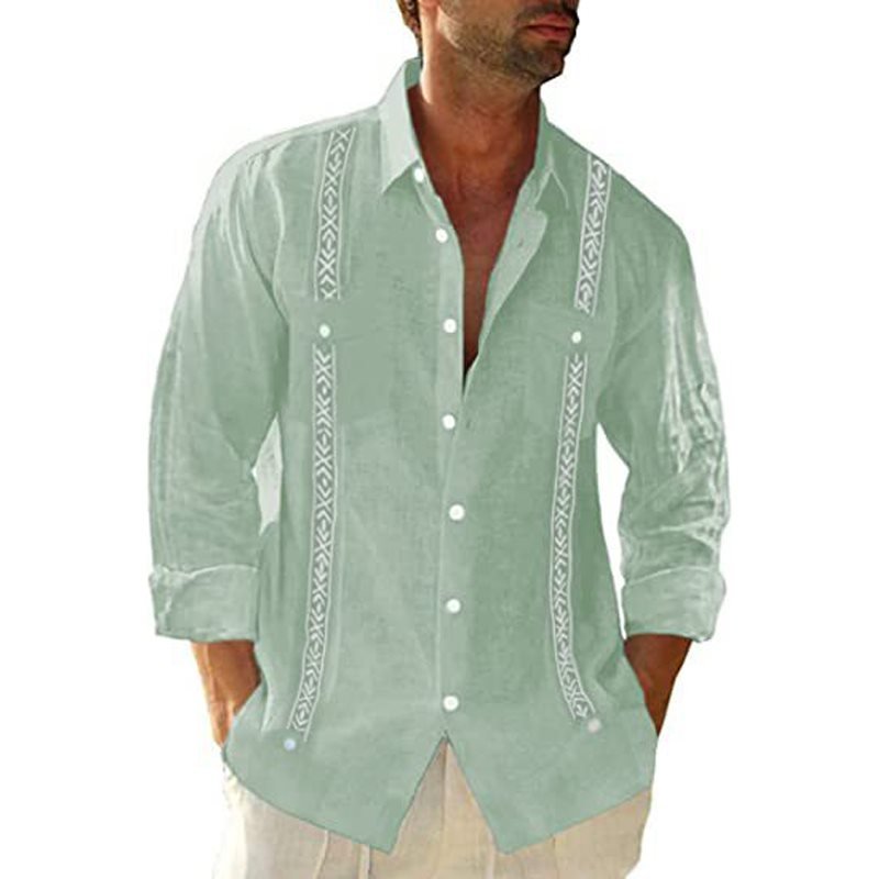 Men's Linen Shirt Cuban Shirt Ethnic Print Pocket Vacation Button Clothing Fashionable Casual Breathable Comfortable