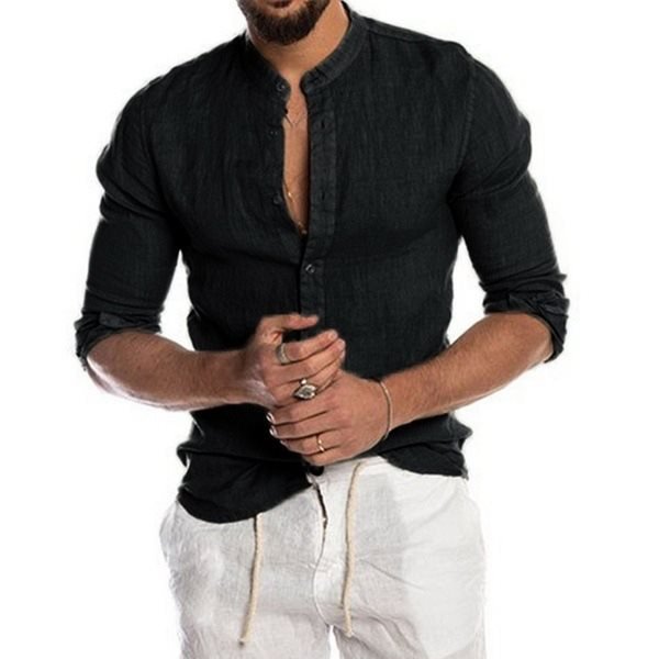 Men's Casual Linen Shirt Band Collar Long Sleeve Button Down Shirt
