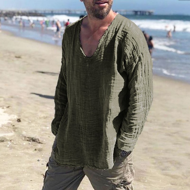 Men's Linen Holiday Plain Round Neck Long Sleeve Shirt