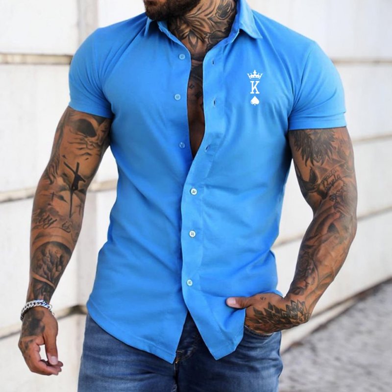 Men's Fashion Crown Poker K Print Casual Slim Short Sleeve Shirt