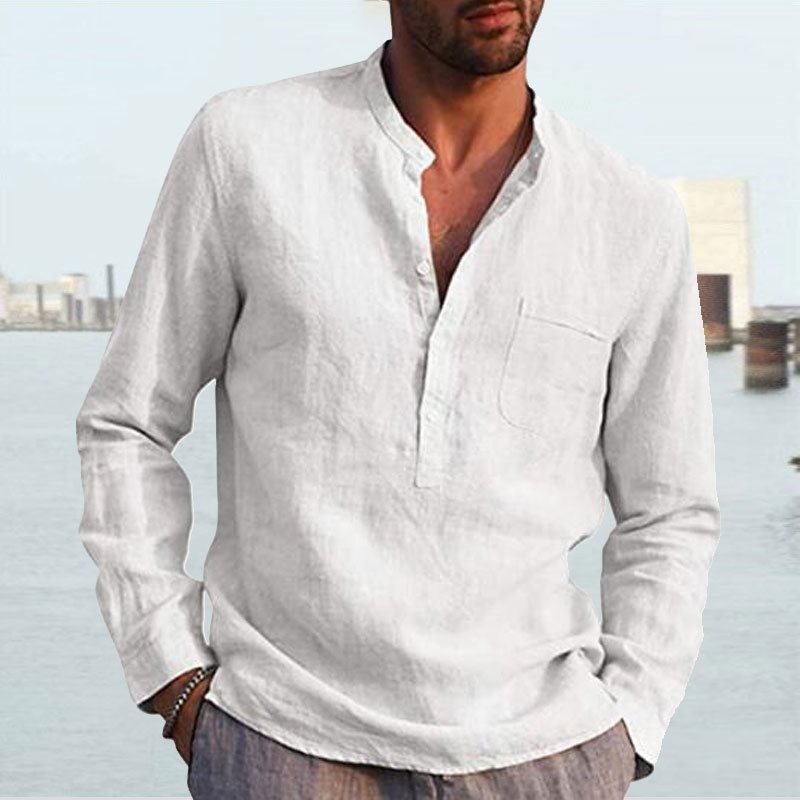 Men's Shirt Linen Shirt Maroon Shirt Solid Color V Neck White Black Gray Wine Army Green Long Sleeve Daily Vacation Tee