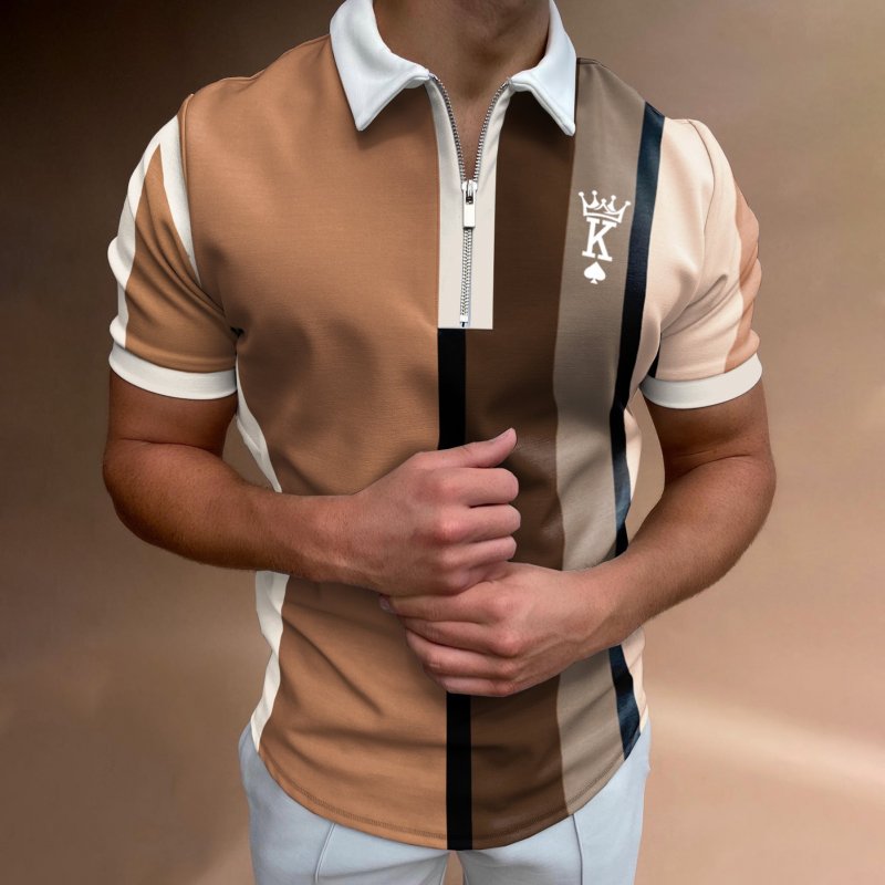 Men's Casual King Stripe Pattern Print Short Sleeve Zipper Polo Shirt