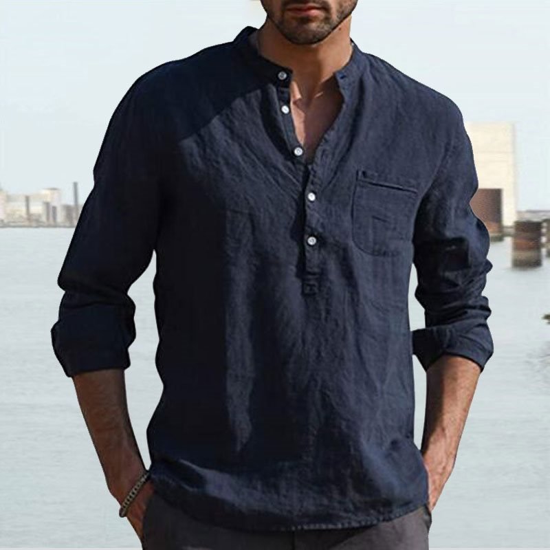 Men's Shirt Linen Shirt Maroon Shirt Solid Color V Neck White Black Gray Wine Army Green Long Sleeve Daily Vacation Tee