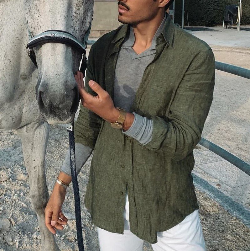 Mens Long Sleeve Button Cotton And Linen Shirt
