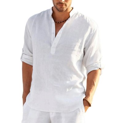 Men's Solid Color Casual Long Sleeve Cotton Linen Shirt
