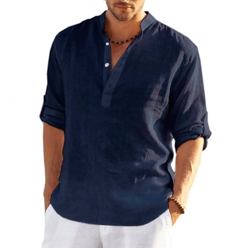 Men's Solid Color Casual Long Sleeve Cotton Linen Shirt