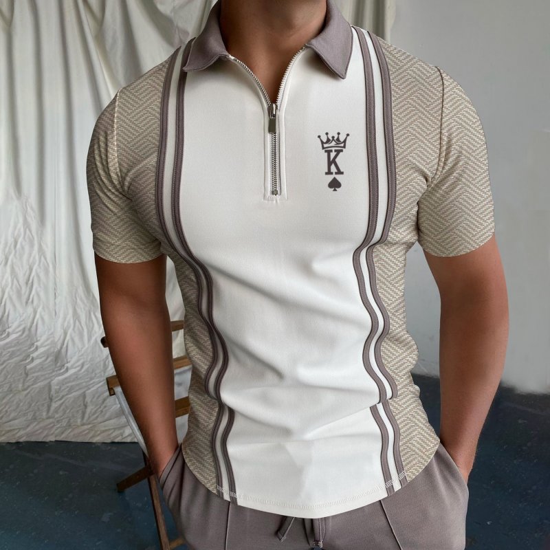 Men's Casual King Geometric Pattern Print Short Sleeve Zipper Polo Shirt