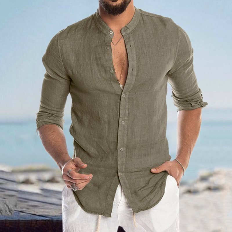 Men's Casual Linen Shirt Band Collar Long Sleeve Button Down Shirt