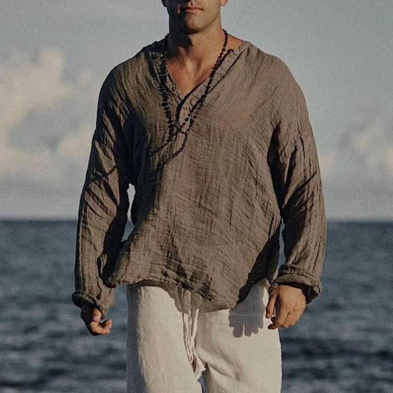 Men's Linen Half-open Collar Long-sleeved Shirt