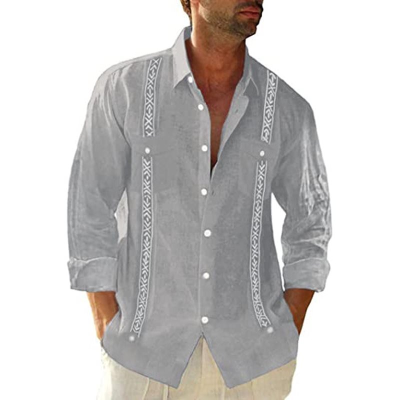 Men's Linen Shirt Cuban Shirt Ethnic Print Pocket Vacation Button Clothing Fashionable Casual Breathable Comfortable