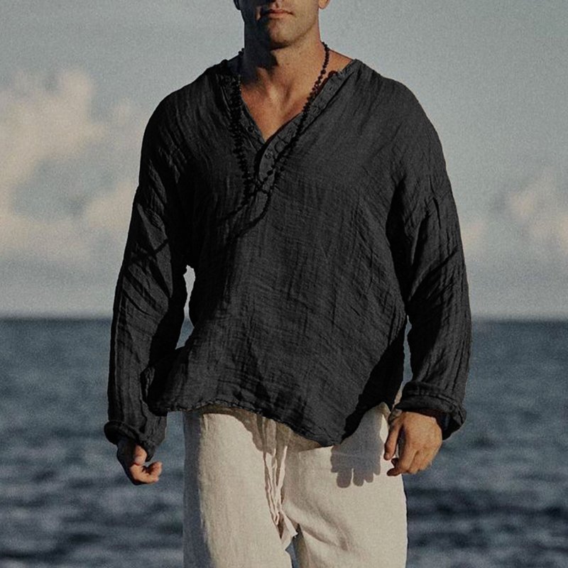 Men's Linen Half-open Collar Long-sleeved Shirt