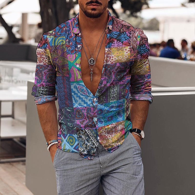 Retro Mens Holiday Ethnic Style Stitching Printed Shirt
