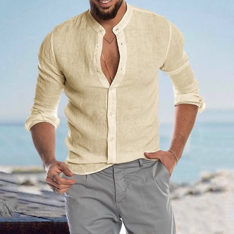 Men's Casual Linen Shirt Band Collar Long Sleeve Button Down Shirt