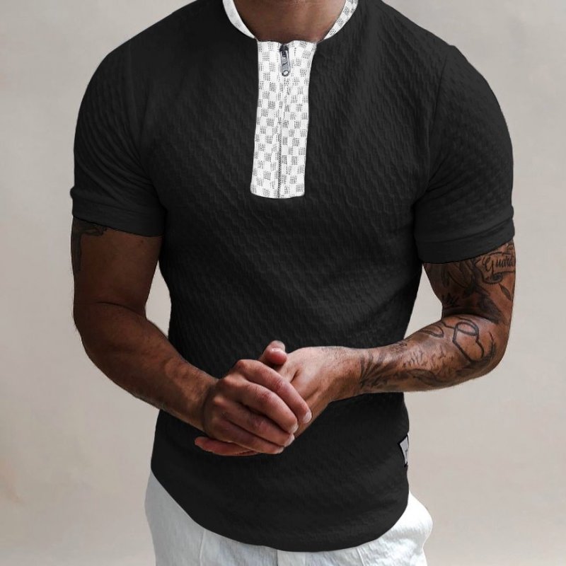 Textured Collarless Slim Fit Polo Shirt