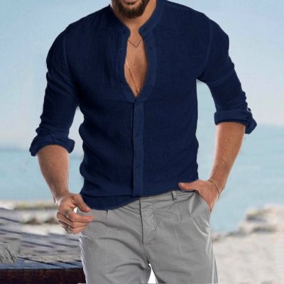 Men's Casual Linen Shirt Band Collar Long Sleeve Button Down Shirt