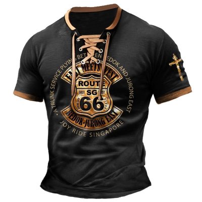 Men's T-Shirt Route 66 Cross Vintage Lace-Up Short Sleeve Color Block Summer Daily Tops